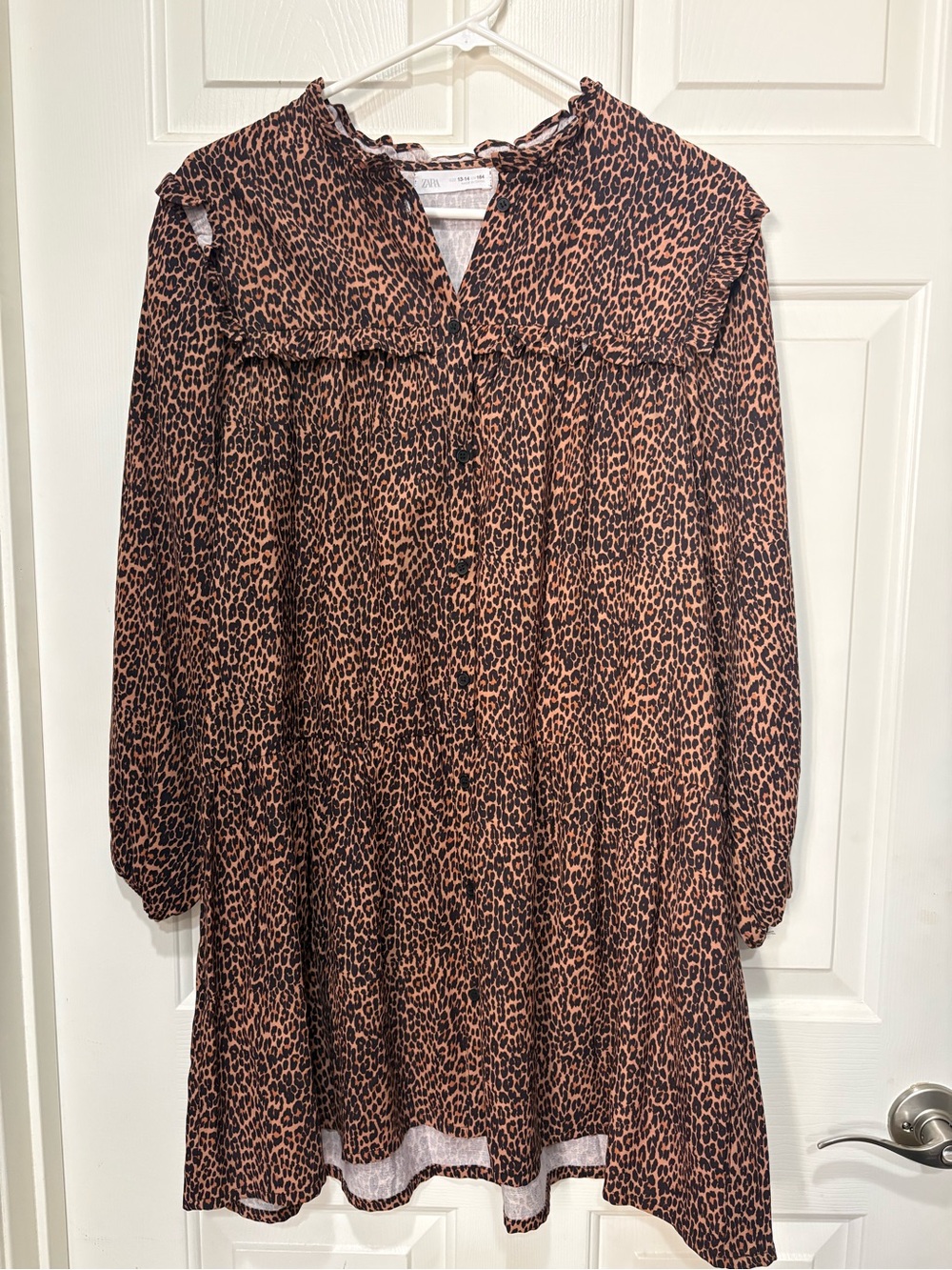 Zara Brown and Black Leopard Print Long Sleeve Tiered Dress